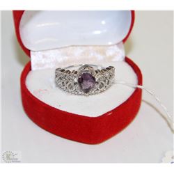 #11)NATURAL AMETHYST & CZ  .925 SILVER RING SIZE 7