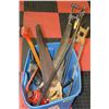 Image 1 : TOTE OF ASSORTED SAWS AND CROW BARS AND AXES