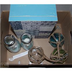 SUMMER LOT-WOODEN KEEPSAKE BOX , 3 GLASS FISHING
