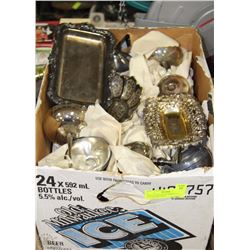 BOX OF ESTATE SILVER PLATED TRAYS AND MISC.