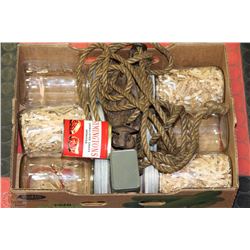 6 VINTAGE JARS WITH GLASS LIDS WITH VINTAGE ROPE/