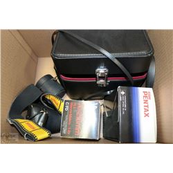BOX WITH PENTAX CAMERA, ASSORTED LENSES, & MORE
