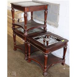 SET OF THREE WOOD & GLASS END TABLES