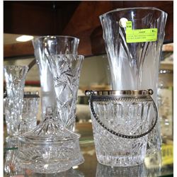 LOT OF TWO CRYSTAL VASES, ICE BUCKET, & MINT DISH