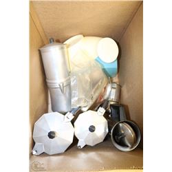 BOX OF COFFEE PERCULATORS, SCALE, ETC.