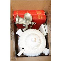 ESTATE BOX WITH ITALIAN BIBLES, MEAT GRINDER, NEW
