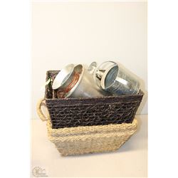 3 WICKER BASKETS WITH ASSORTED NEW GALVANIZED