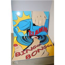 PAIR OF RETRO DRYMOUNTED PICTURES WITH HANGERS ON