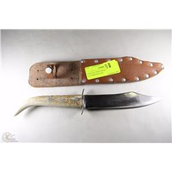 VINTAGE STAG HANDLE KNIFE WITH LEATHER SHEATH