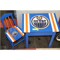 CHILDRENS TABLE & CHAIR WITH OILERS DESIGN