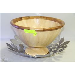 LARGE WOODEN SALAD BOWL MADE IN THAILAND ,SILVER