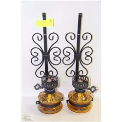 PAIR OF VINTAGE AMBER GLASS OIL TABLE LAMPS