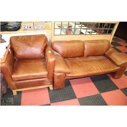 RUSTIC LEATHER LOVE SEAT WITH CHAIR