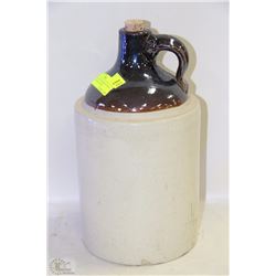 VINTAGE BROWN WHISKEY CROCK JUG WITH CORK STOPPER