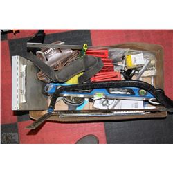 BOX W/CARPENTER TOOLS INCL. BAR CLAMPS,
