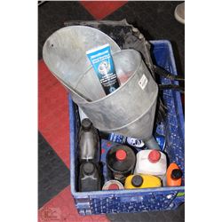 BLUE CRATE FULL OF OILS & AUTOMOTIVE
