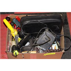 BOX OF MISC. ITEMS; SCREWDRIVERS, CD CASES, TWINE,