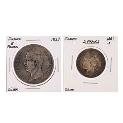 1881-A 2 Francs & 1827 5 Francs France Silver Coins
