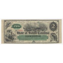 1872 $2 The State of South Carolina Obsolete Bank Note