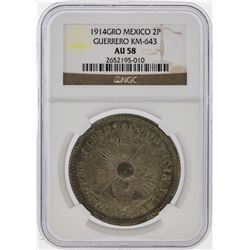 1914 Mexico Revolutionary 2 Pesos Guerrero Coin NGC AU58