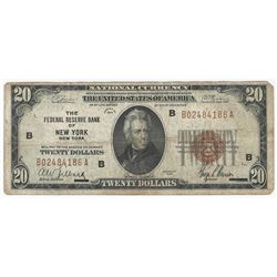1929 $20 National Currency Note Bank of New York, NY