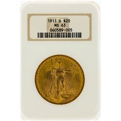 1911-D $20 St. Gaudens Double Eagle Gold Coin NGC MS63