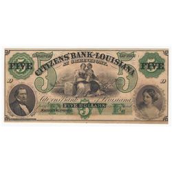 1800s $5 The Citizens Bank of Louisiana Obsolete Bank Note