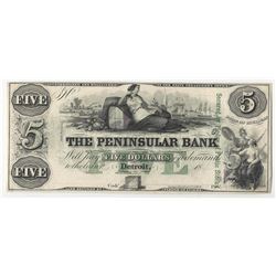 1800s $5 The Peninsular Bank Obsolete Note
