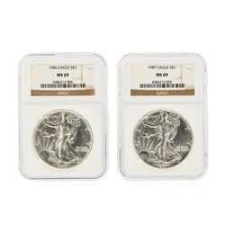 Set of (2) 1986-1987 $1 Silver Eagle Coins NGC Graded MS69