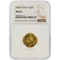1882R 20 Lira Italy Gold Coin NGC MS64
