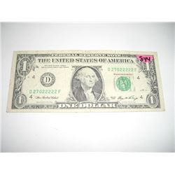 2006 SERIES EXTRA RARE *SAME 6 DIGITS SERIAL DIGITS* $1.00 SERIAL # *D27022222F. NICE US DOLLAR*!! D