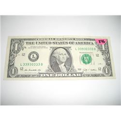 2009 SERIES EXTRA RARE *SAME 6 DIGITS SERIAL DIGITS* $1.00 SERIAL # *L33930333B. NICE US DOLLAR*!! D