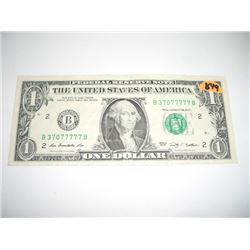 2009 SERIES EXTRA RARE *SAME 6 DIGITS SERIAL DIGITS* $1.00 SERIAL # *B37077777B. NICE US DOLLAR*!! D