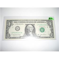 2003 SERIES A EXTREMELY RARE *HIGH GRADE-SAME 6 DIGITS* $1.00 SERIAL # G71151111B. DOLLAR CAME OUT O