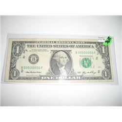 2003 SERIES A EXTREMELY RARE *REPEATER LOW # -SAME 6 0'S DIGITS* $1.00 SERIAL # B00500050F.