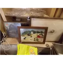 FRAMED PICTURES - 1 LIMITED EDITION OTTER, 1 NEEDLE POINT & 1 PETTI POINT & 1 REALLY OLD = 4 TTL