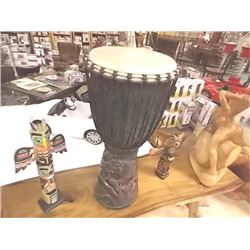 UNIQUE HAND CRAFTED DRUM WITH LEATHER HIDE TOP -FINELY CARVED LADY AND LION BASE - 32" H X TOP 14" D