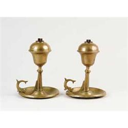 FINE PAIR OF BRASS WHALE OIL LAMPS