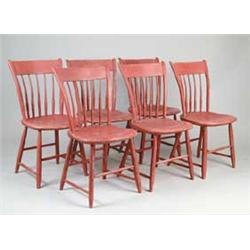 SET OF SIX PAINTED THUMB BACK WINDSOR CHAIRS BY F. RAYMOND