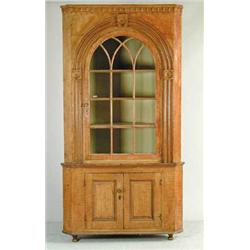 OUTSTANDING EARLY PAINT DECORATED TWO PART CORNER CUPBOARD