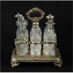 SIX BOTTLE BLOWN THREE MOLD PATTERN GLASS CRUET SET