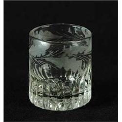 CLEAR GLASS TOY TUMBLER WITH ETCHED LEAF DESIGN