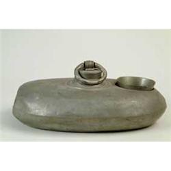 INTERESTING PEWTER FOOT WARMER WITH TODDY CUP HOLDER AND CUP