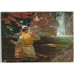 EVERETT STOUTENBURGH WARD (American, 1911-1994) FLY FISHING AT THE WATERFALL