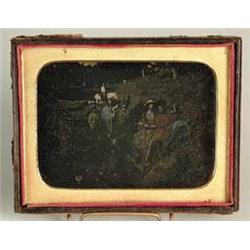 IMPORTANT 1/2 PLATE TINTED DAGUERREOTYPE SHOWING EIGHT MINERS IN TRENCH