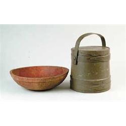 MAINE PAINTED COVERED FIRKIN AND ROUND TURNED MAPLE CHOPPING BOWL