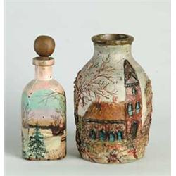 PAINT DECORATED BOTTLE AND CROCK