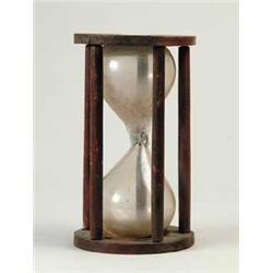 EARLY WOOD AND GLASS HOURGLASS. 
