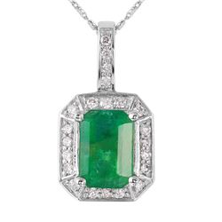 14KT White Gold Emerald and Diamond Pendant and Chain-#1480