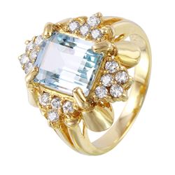 14KT Yellow Gold Aquamarine and Diamond Ring-#1368